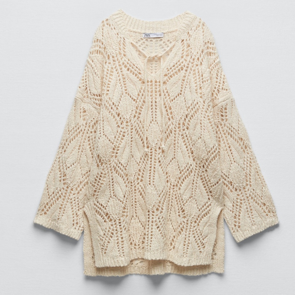 Zara ecru boho long sleeve pointelle knit tunic NWT